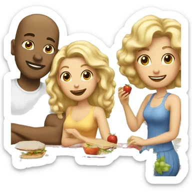 bald man, woman with blonde curls and woman with brown hair on a picnic sticker
