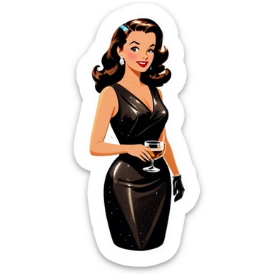 Beautiful woman in 1950’s woman fashion look, black shimmery dress, long dark brown hair, whisky with ice sticker