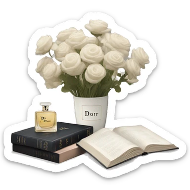 aesthetic dior book with flower vase and neutral flowers on top sticker