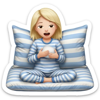 {
      "type": "human",
      "look": "girl in striped pyjamas, yawning, holding pillow",
      "description": "a sleepy girl in striped pyjamas yawning while holding a pillow"
    } sticker