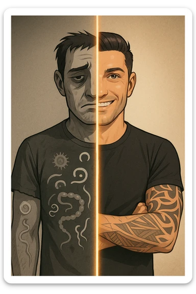 a man is depicted in two halves—on one side, he appears tired and weighed down, with faint, ghostly images of parasites visible inside his torso; on the other side, he is vibrant and healthy, with clear skin and bright eyes, the parasites gone. A visual transition or glowing line separates the two states, symbolizing recovery. sticker