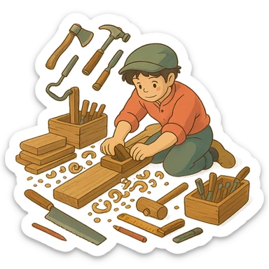 ghibli style woodworking scene with tools and wood sticker