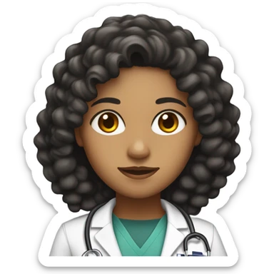 woman dark olive skin with very dark long curly hair with a doctor uniform on and dark eyes sticker