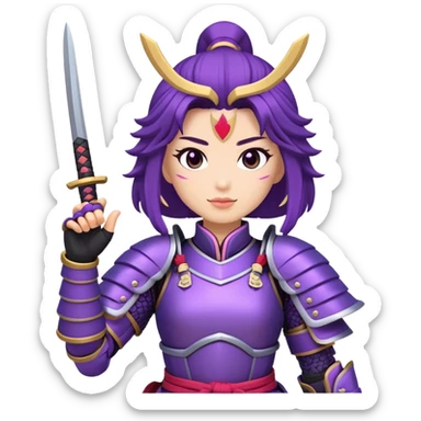 A female samurai in purple armor waving sticker
