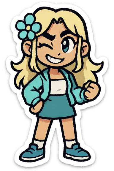 Edit the cartoon character to have a playful wink and a mischievous grin, expressing confidence and charm. Maintain a transparent background. sticker