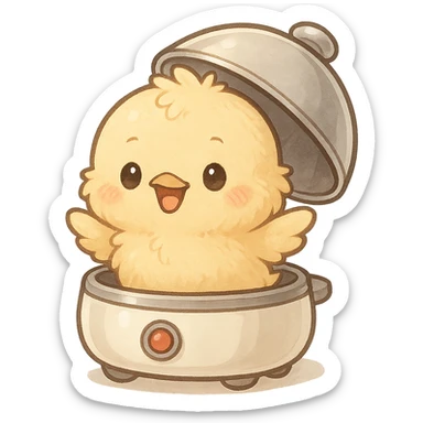 egg cooker with a soft fluffy chick popping out of the lid, chibi style, smiling brightly, soft yellow tones, full-body sticker
