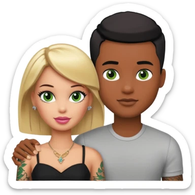 Brown skin blonde hair barbie with her boyfriend with black short hair and green eyes with tattoos sticker