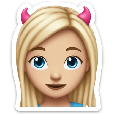 white girl with long blonde hair and curtain bangs. pink hearts on her cheeks and blue eyes with a pink devil headband on her head  sticker