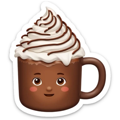 “hot chocolate emoji, whipped cream on top, chocolate shavings, cute, minimal, white background” sticker