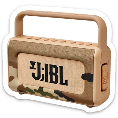 Desert camouflage JBL Go 4 speaker, tan and brown pattern, minimal design, simple form factor, portable audio device sticker