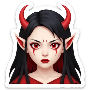 Head only: demon girl, 100% red skin, long black hair, small horns, sharp cheekbones, serious eyes, full lips, pointed ear; centered, no body, no text. sticker