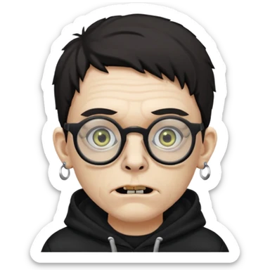 Chico moreno zombie, con gafas y sudadera negra, dos aretes en la oreja izquierda y dos en la derecha, ojeras en los ojos y sticker