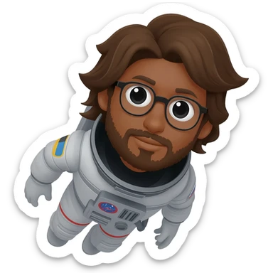astronaut in space brown skin, black eyes, glasses and beard smiling a bit long hair sticker