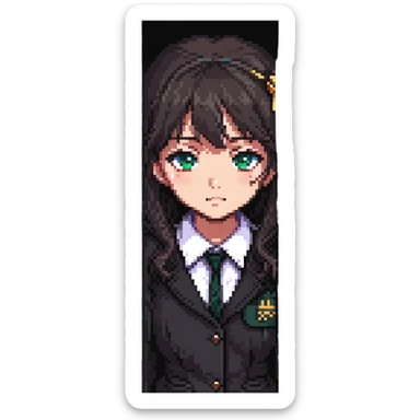 Japanese anime schoolgirl detective peeking from behind a wall, mysterious expression, pixel art style sticker