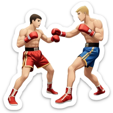 An icon symbolizing kickboxing, featuring two fighters in the ring. One throws a powerful high kick, while the other counters with a punch. The background shows a boxing ring with ropes and a crowd in the distance. Transparent background emphasizes the dynamic energy sticker