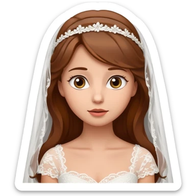 Brown-haired bride in a white wedding dress and veil, eyes looking upward with a curious expression, cute emoji style. sticker