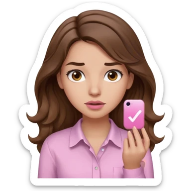 girl with wavy long brown hair, brown eyes, light to medium complexion, long lashes, light pink lipstick, wearing light pink shirt, shrugging sticker