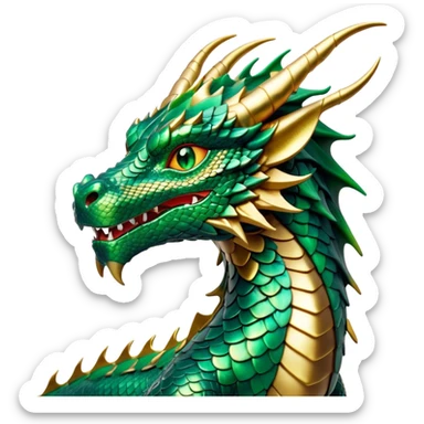 Cinematic Noble Dragon Portrait Emoji, Poised and majestic, with a sinuous, elongated body covered in intricately detailed, shimmering scales in hues of emerald and gold, and piercing, fiery eyes that reflect ancient wisdom; rendered with lifelike texture and natural highlights, high shine, intelligent and formidable, styled with an aura of mythic power, focused and attentive, soft glowing outline, capturing the essence of a legendary dragon that appears ready to soar out of the screen with timeless authority! sticker