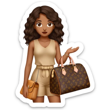  Brown girl with dark brown medium beach wavy hair carrying one Louis Vuitton purse on her arm while standing  sticker