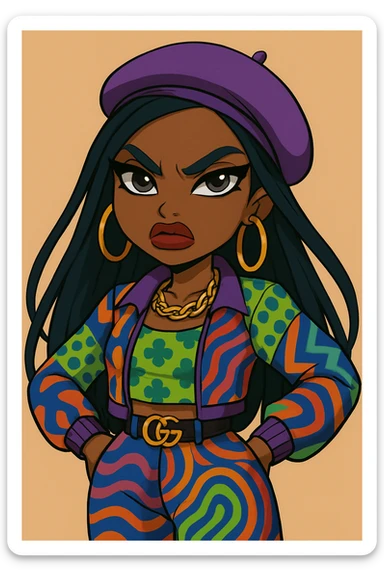 Change the expression to angry for a 20-year-old anime Bratz style woman with dark skin, dark hair, bold colorful fashion-forward look, big expressive eyes, and glossy lips. Maintain the anime Bratz style and the described features. sticker