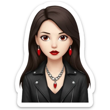 brunette with very long hair in black cuir jacket with red lips and very dark brown eyes and white shirt and mysterious necklace sticker