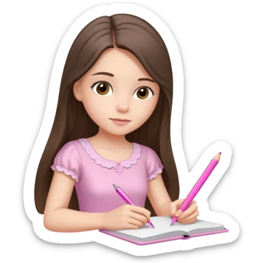 pretty white brunette teen long hair with hazel eyes in a light pink dress writing in a notebook with a pink pen sticker
