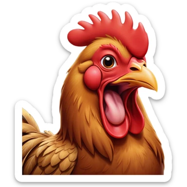 Cinematic Cute Yawning Brown Rooster Portrait Emoji, Head tilted slightly with a dramatic, wide-open yawn, showcasing a soft, downy brown plumage with a subtle red comb and drooping wings, round warm eyes barely open in drowsy contentment, Simplified yet irresistibly adorable features, highly detailed, glowing with a soft, cozy glow, high shine, relaxed yet expressive, stylized with a touch of whimsy, bright and endearing, soft glowing outline, capturing the essence of a sleepy yet affectionate rooster, so drowsy it feels like it could stretch out of the screen and curl up for a nap! sticker