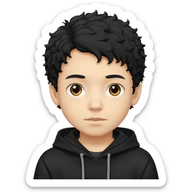 Now create boy with little bit curly dark black hair with black hoodie on and make him light skin sticker