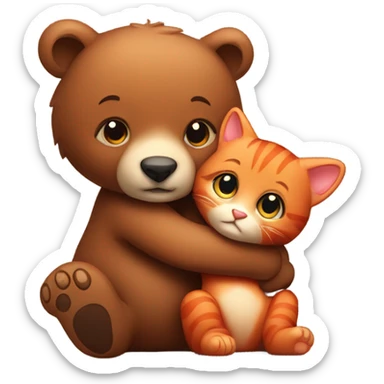 brown bear cub hugs red cat sticker
