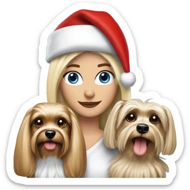 blonde woman blue eyes holding Yorkshire terrier wearing red santa hat standing with George Clooney  sticker