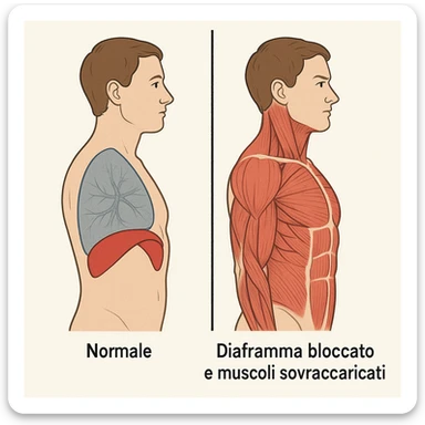 illustrazione con confronto, lato sinistro normale, lato destro con diaframma bloccato e muscoli sovraccaricati, didascalia in italiano sticker