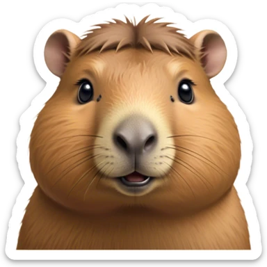 Cinematic Cute Capybara Portrait Emoji, Head tilted playfully and inquisitively, with a delightfully fluffy, rounded form and a distinctively endearing capybara face marked by a short snout and petite ears, accented by luxuriously soft fur in warm earthy tones and bright, sparkling eyes full of charm; rendered with intricate, realistic detail and natural highlights, high shine, affectionate and lively, styled with a touch of whimsical cuteness, soft glowing outline, capturing the essence of a mischievous yet loving capybara that seems poised to tumble playfully into your arms! sticker