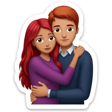 Tall man with dark hair hugging shorter woman with long red hair  sticker