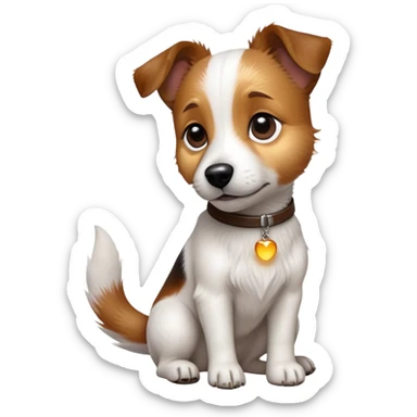 cinematic-[jack russel]-realistic-full-body-sitting-emoji,-tail-resting-loosely-beside-its-paws,-head-tilted-dramatically, -scruffy-[brown and white]-fur,-simplified-yet-realistic-focused-features,-highly-detailed,-glowing-with-an-almost-sarcastic-glow sticker