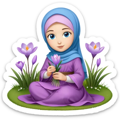 Turkish beautiful finish Konya girl blue eyes with crocus flower hijab long tail dress and sits on the grass on the ground and hold crocus flower on hand  sticker