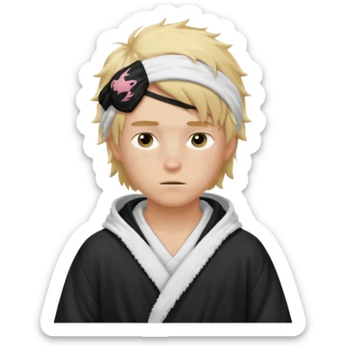 Create a blond boy with long, messy hair, light eyes, a white t-shirt, rich, with long hair, blue eyes, medium-length, voluminous hair, wearing a black Nike bathrobe and a little blush near his nose. and with a balaclava like a ninja and with freckles sticker