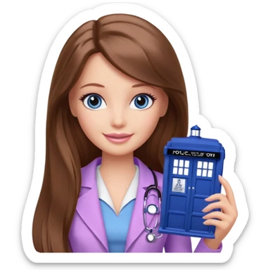 beautiful barbie girl with long brown hair, blue eyes and wearing light purple clothes watching doctor who sticker