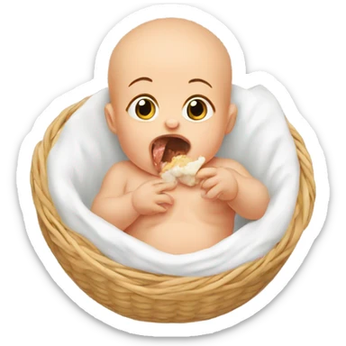 A newborn baby eats sticker