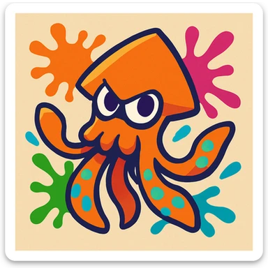 stylized squid character with vibrant ink splashes, inspired by Splatoon, playful pose, colorful, dynamic, cartoon style sticker