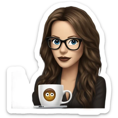 Hyper Realistic Kate Beckinsale dark blue eyes wearing glasses drinking coffee at a laptop  sticker