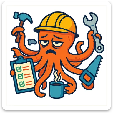 A tired worker wearing a helmet, depicted as an octopus with multiple tentacles holding various tools and items, including a hammer, a checklist with tasks, a wrench, a saw, and a coffee cup sticker