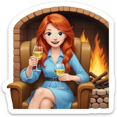 Laughing redhead with long hair and blue eyes holding white wine sitting in chair beside fire  sticker
