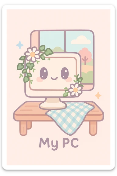 cottagecore 'My PC' icon: computer monitor with hand-embroidered look, decorated with daisies, ivy, gingham cloth, set on wooden desk with window showing countryside view sticker