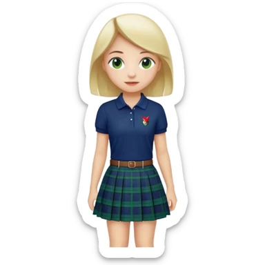 School uniform with navy polo shirt and navy plaid skirt with green white and red  sticker