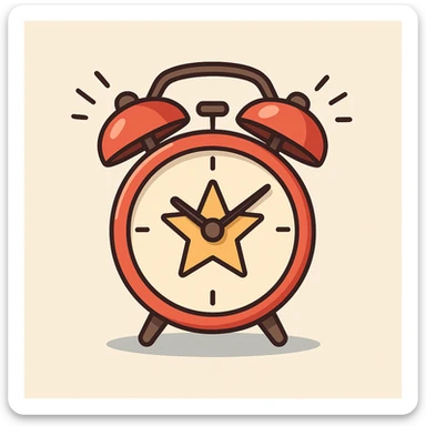 modern flat vector red alarm clock with twin bells, star logo in the center, minimal design, soft shadows, ringing lines, neutral background sticker