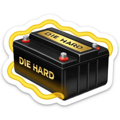 black car battery labeled 'Die Hard' with golden energy waves surrounding it, highlighting its strength sticker