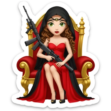 Drug dealer female green eyes symbol.  hair is brown curly long hair. sexy long with long red and black dress and face veion that covers her mouth only. black stiletto platform high heels shoes on. Holding sniper rifle sitting on a gold throne. sticker