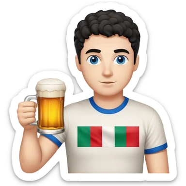 white guy thick eyebrows blue eyes with short curly black hair holding beer wearing a shirt with the italian flag sticker