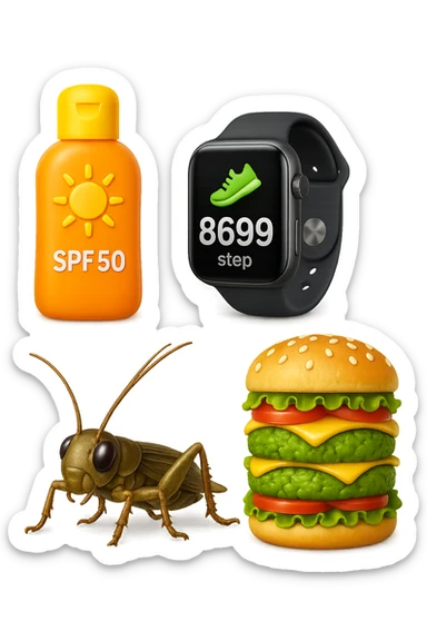 emoji stile iphone di una boccetta di CREMA SOLARE, UNO SMARTWATCH CONTAPASSI, UN GRILLO, UNA TORRETTA DI HAMBURGER FATTI CON I PISELLI, IPERREALISTICO 4K sticker
