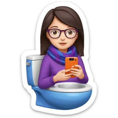 Fille châtain foncé avec lunettes. Elle porte une grosse écharpe violette, bleu et orange. Elle est dans une cuvette de toilette. Téléphone en main. Realiste sticker
